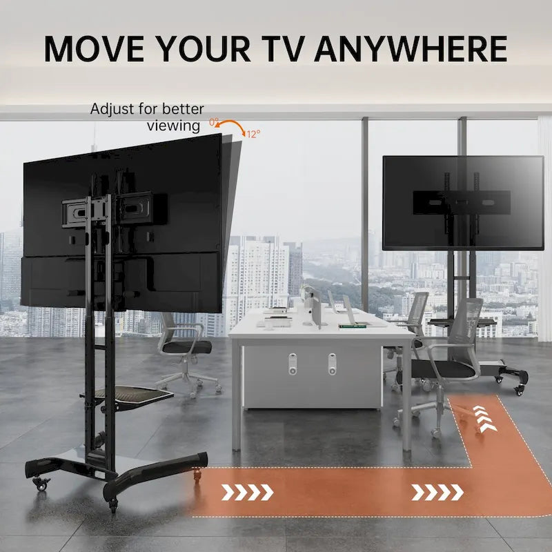 Meuble TV sur pied roulant réglable en hauteur avec support pivotant et étagère, noir