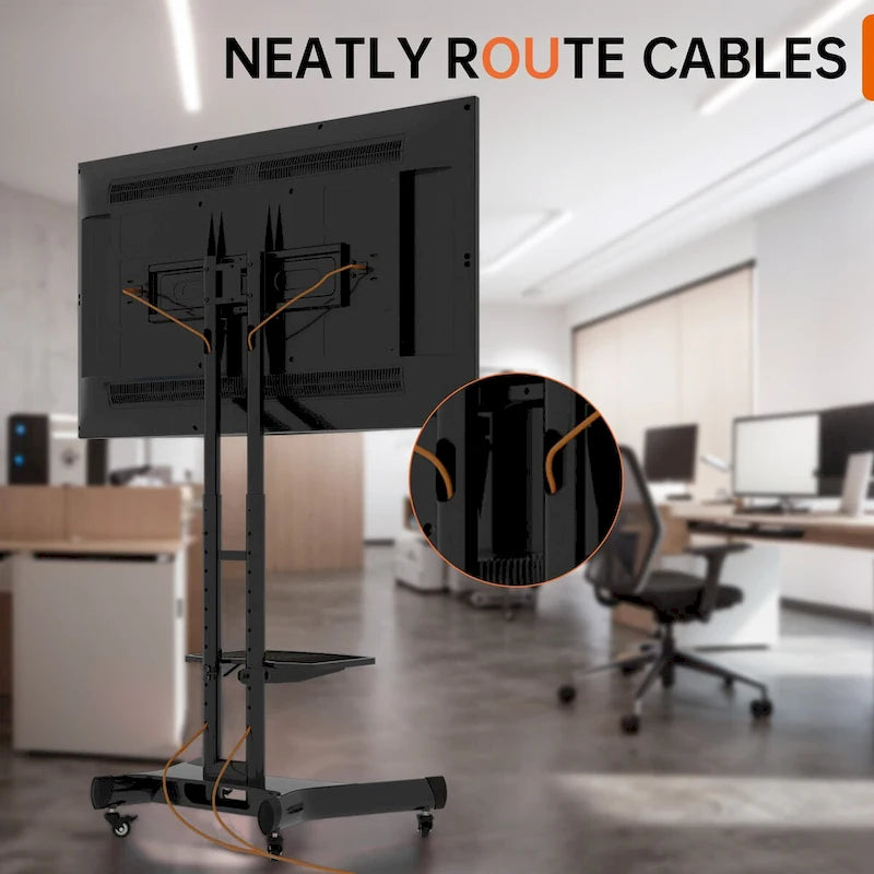 Meuble TV sur pied roulant réglable en hauteur avec support pivotant et étagère, noir