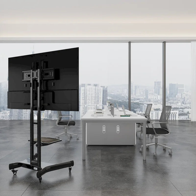 Meuble TV sur pied roulant réglable en hauteur avec support pivotant et étagère, noir