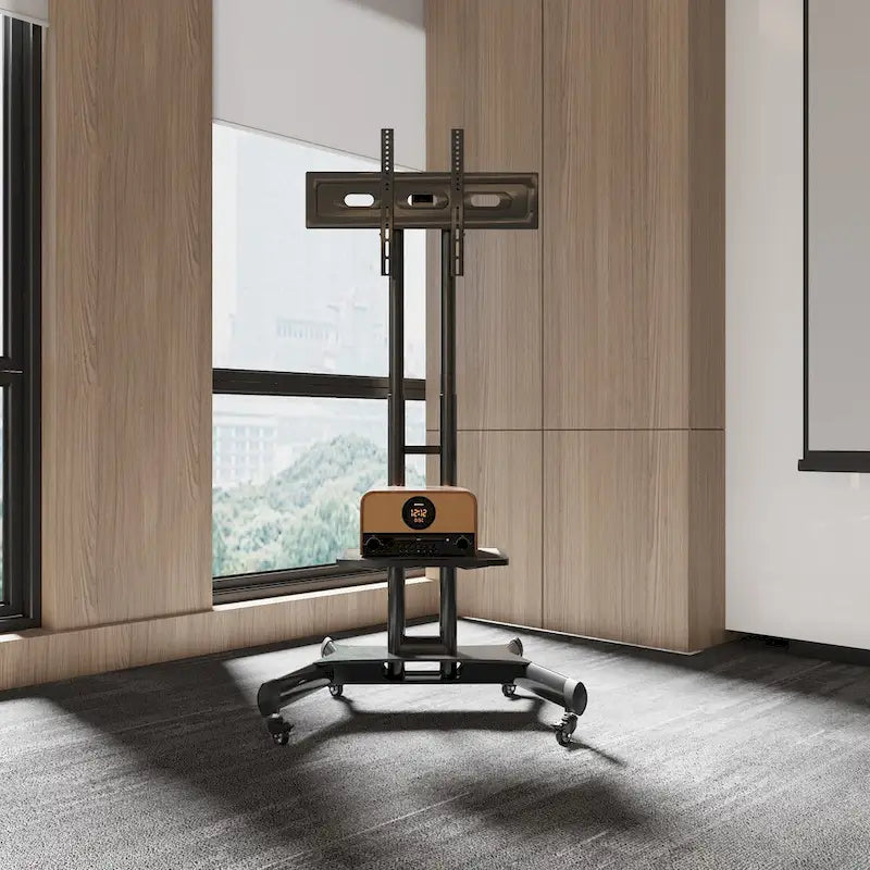 Meuble TV sur pied roulant réglable en hauteur avec support pivotant et étagère, noir