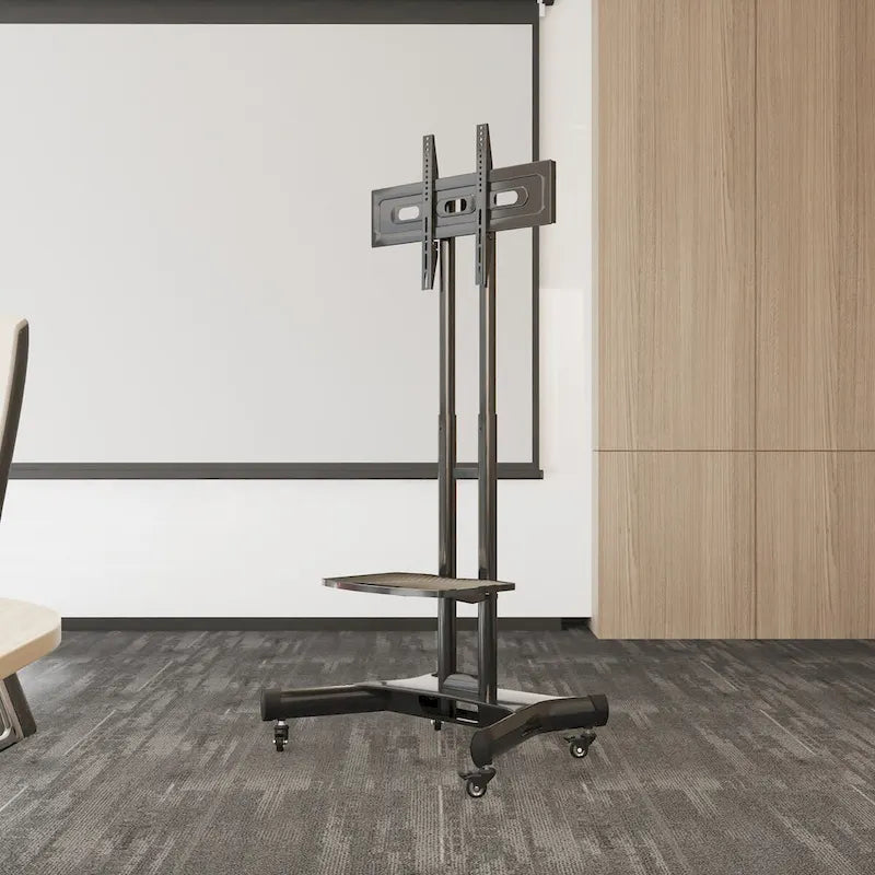 Meuble TV sur pied roulant réglable en hauteur avec support pivotant et étagère, noir