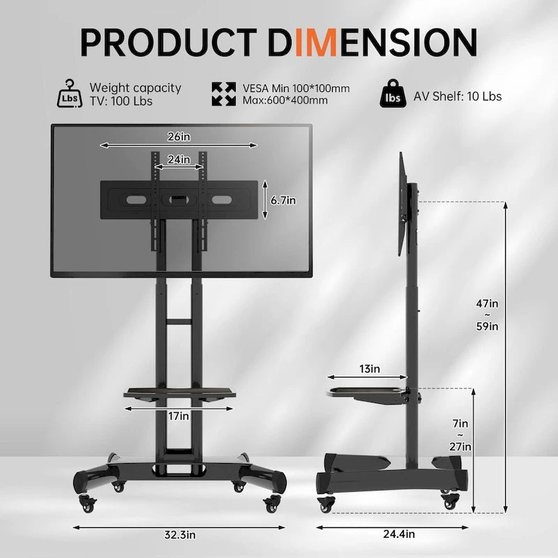 Meuble TV sur pied roulant réglable en hauteur avec support pivotant et étagère, noir