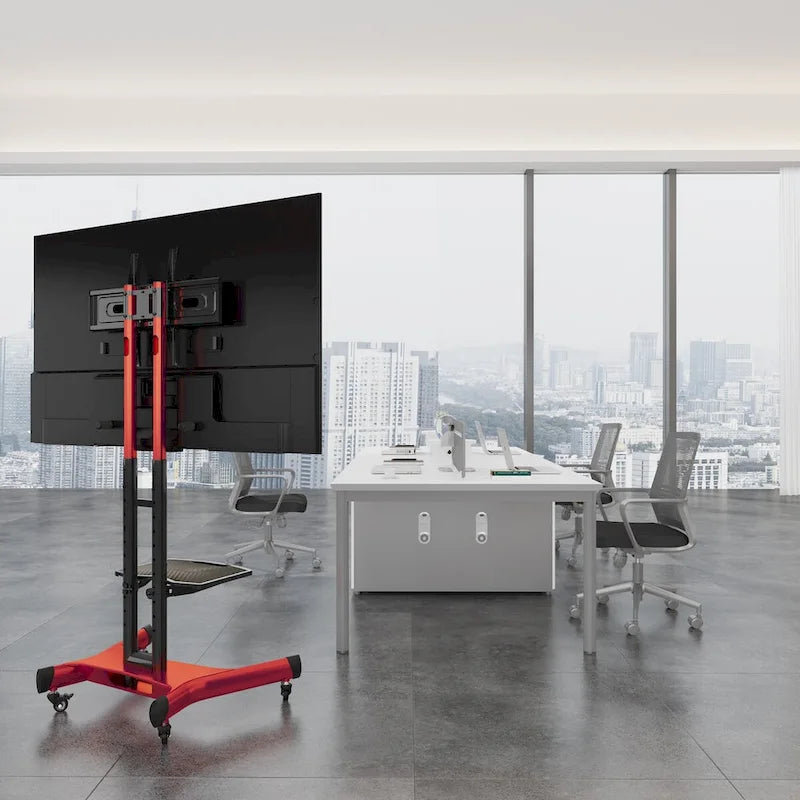 Meuble TV sur pied roulant réglable en hauteur avec support pivotant et étagère, noir