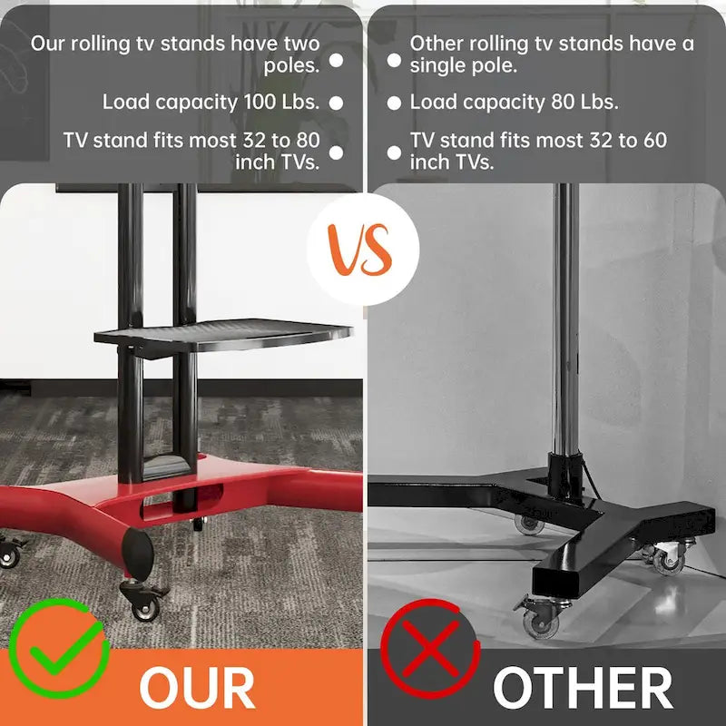 Meuble TV sur pied roulant réglable en hauteur avec support pivotant et étagère, noir