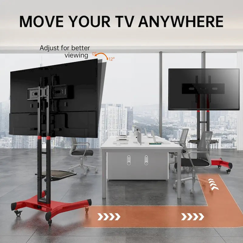 Meuble TV sur pied roulant réglable en hauteur avec support pivotant et étagère, noir