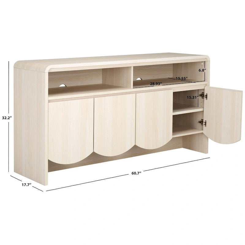 Meuble TV buffet avec 4 portes, 2 étagères ouvertes et meuble incurvé, blanc délavé