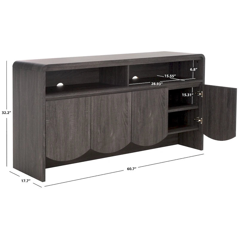 Meuble TV buffet avec 4 portes, 2 étagères ouvertes et meuble incurvé, blanc délavé