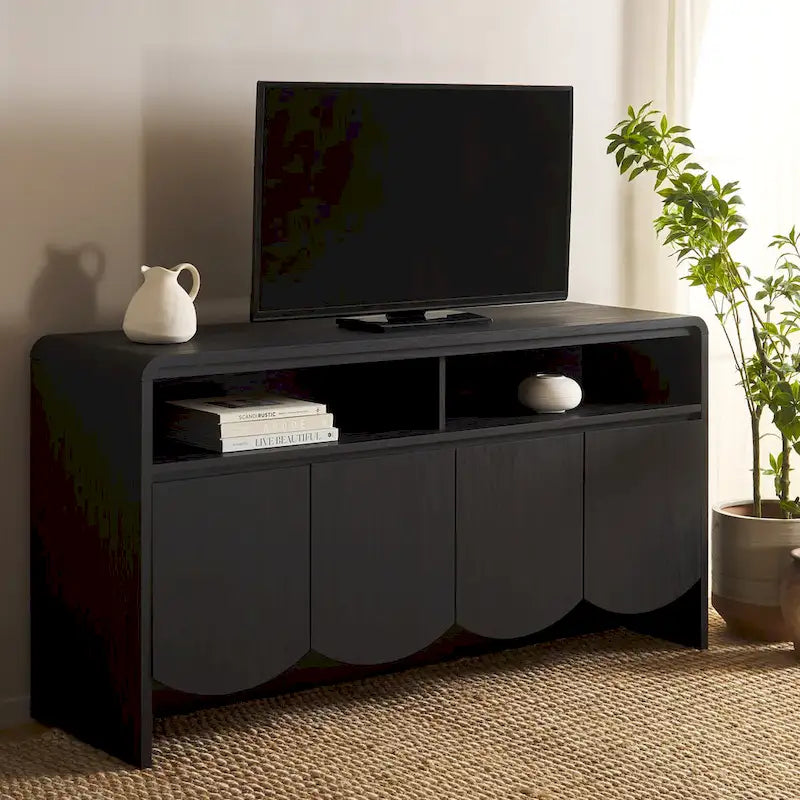 Meuble TV buffet avec 4 portes, 2 étagères ouvertes et meuble incurvé, blanc délavé