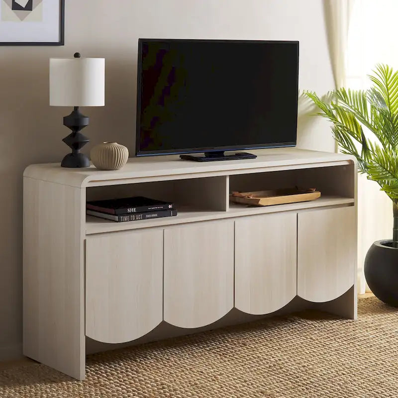 Meuble TV buffet avec 4 portes, 2 étagères ouvertes et meuble incurvé, blanc délavé