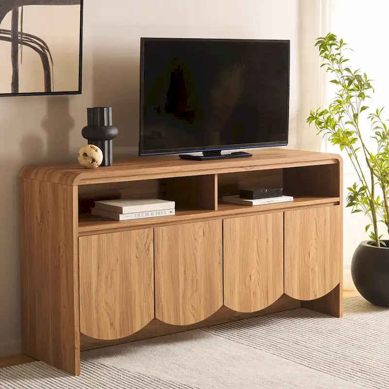 Meuble TV buffet avec 4 portes, 2 étagères ouvertes et meuble incurvé, blanc délavé