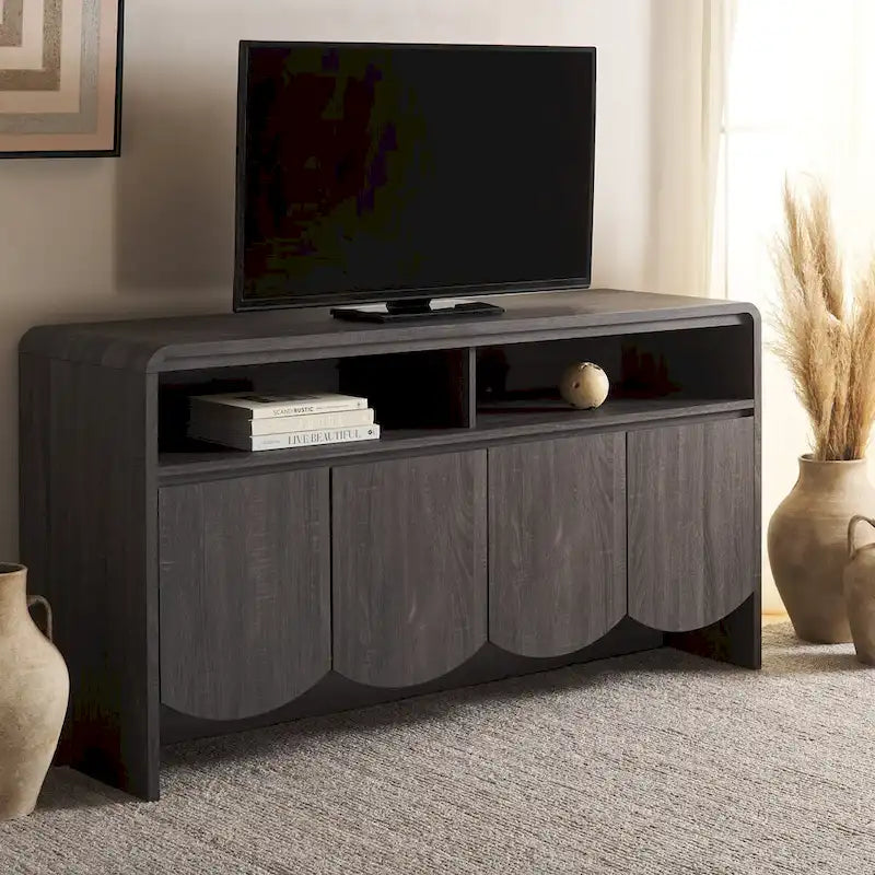 Meuble TV buffet avec 4 portes, 2 étagères ouvertes et meuble incurvé, blanc délavé