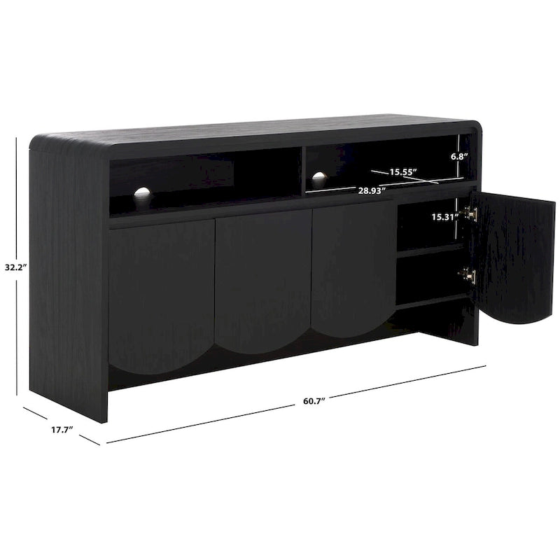 Meuble TV buffet avec 4 portes, 2 étagères ouvertes et meuble incurvé, blanc délavé